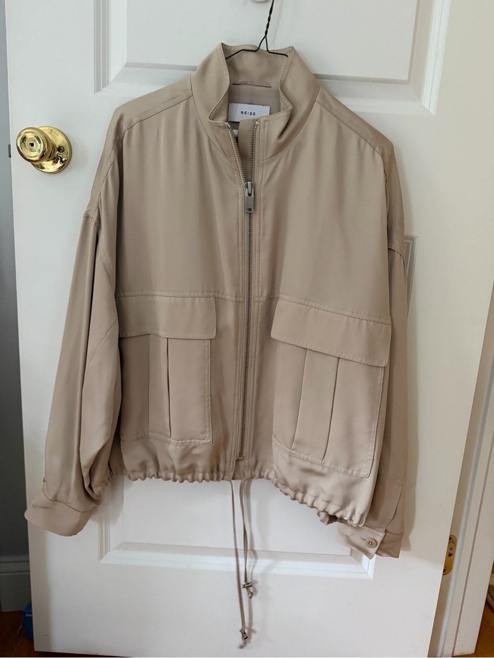REISS Immie Satin Bomber Jacket Neutral Beige Size L Utility Cargo